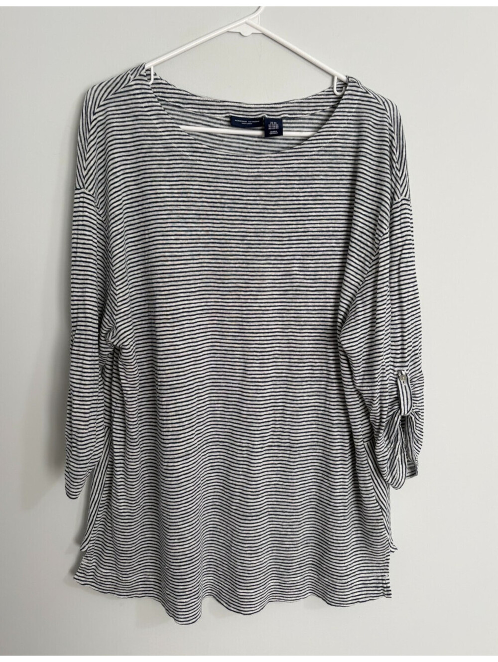 ADRIENNE VITTADINI 100% Linen Top Blouse 3/4 Sleeve Striped Navy White 2X PLUS